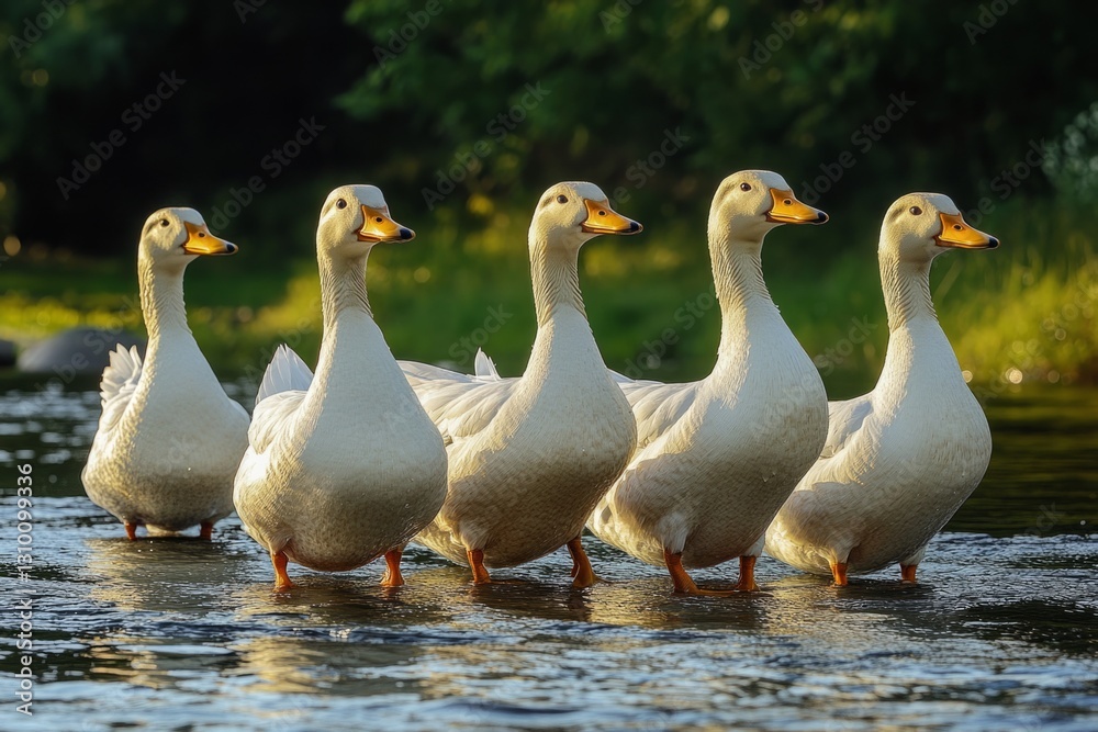 Five american pekin ducks wading in the shallows of a river Five american pekin ducks wading in the shallows of a river