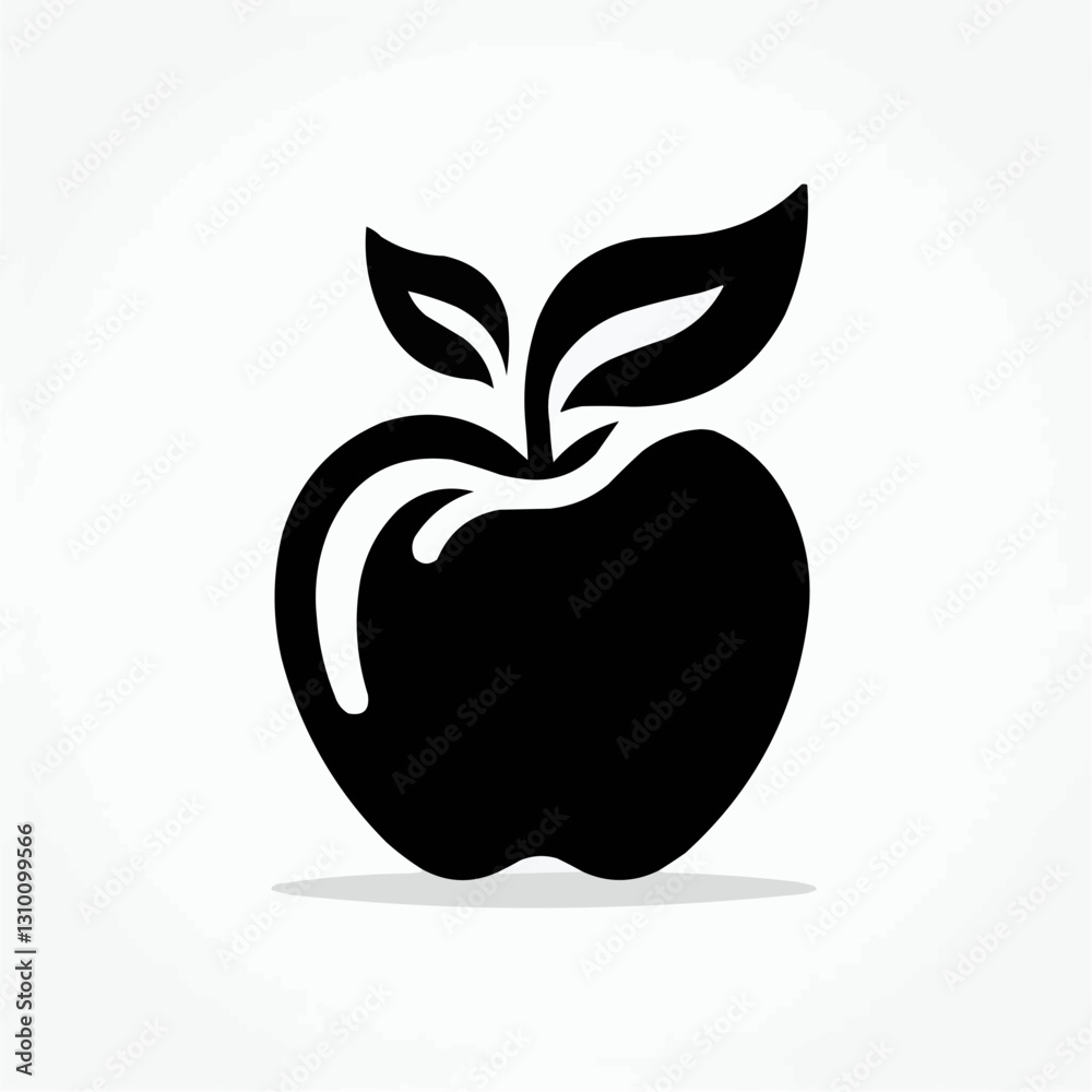 Stylized black and white illustration of an apple with leaves Stylized black and white illustration of an apple with leaves