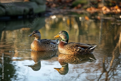 Couple of mallard ducks swimming peacefully on a calm lake reflecting the surrounding autumn trees