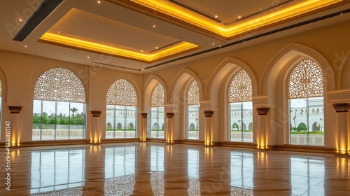 An elegant expansive interior featuring architectural arches and reflective flooring