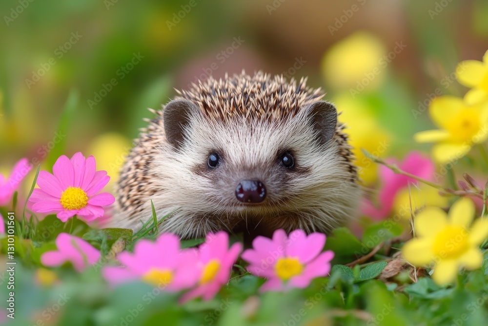Small hedgehog enjoying a colorful spring meadow full of pink and yellow flowers Small hedgehog enjoying a colorful spring meadow full of pink and yellow flowers