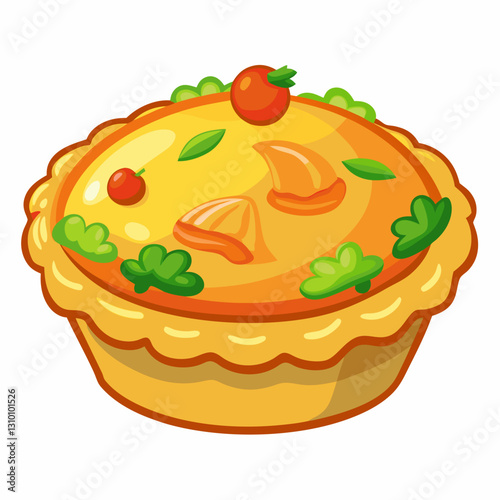 Colorful cartoon pie with toppings and vibrant greens on white background
