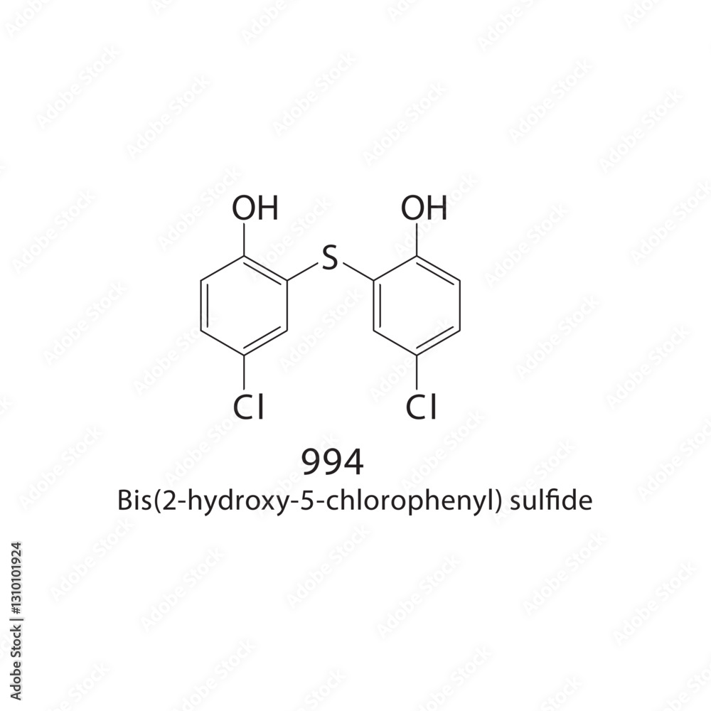 Fototapeta premium Bis(2-hydroxy-5-chlorophenyl) sulfide skeletal structure .Aliphatic amine compound schematic illustration. Simple diagram, chemical formula.