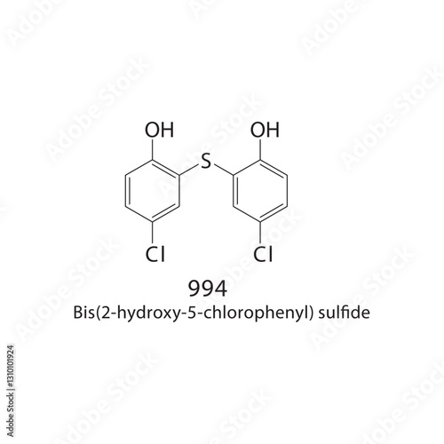 Bis(2-hydroxy-5-chlorophenyl) sulfide skeletal structure .Aliphatic amine compound schematic illustration. Simple diagram, chemical formula.