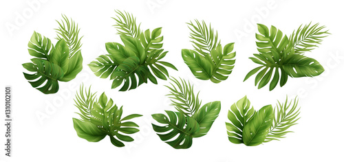 Vector Illustration of Tropical Green Leaves Arrangement on White Background Featuring Exotic Palms and Monstera Leaves for Natural and Summer Themes