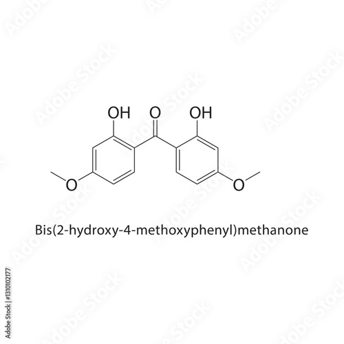 Bis(2-hydroxy-4-methoxyphenyl)methanone skeletal structure .Imidazolidone compound schematic illustration. Simple diagram, chemical formula.