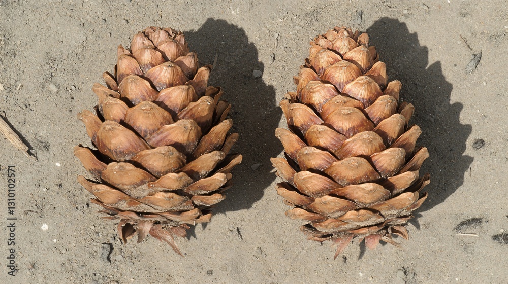 Fototapeta premium Two Pine Cones on Ground: Natural Forest Decor