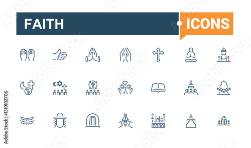Religion linear icon collection. Icons faith, judaism, synagogue, mullah, priest and more. Perfect for logos and infographic. Editable stroke. Vector collection.
