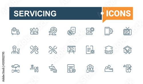 Servicing icon pack. Containing engine, repair, workshop, engineer, maintenance, gear, vehicle, phone and more. Thin linear style icons. Editable stroke. Vector collection.