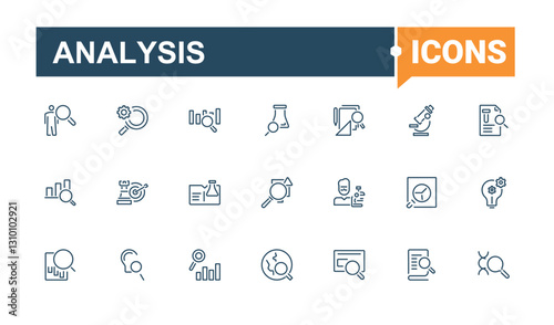 Analysis icons set. Includes icons for find, research, glass, test, element, on, magnifying, technology and more. Perfect for logos and infographic. Trendy minimal icons.