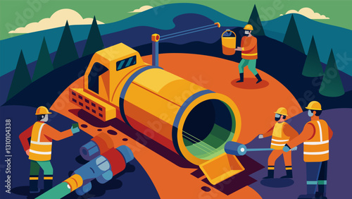 Using specialized equipment workers create a series of deep tunnels for installing new underground utility lines.. Vector illustration