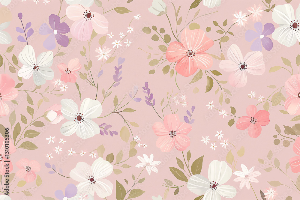 A cute floral background with a seamless repeat pattern design, featuring soft pink wallpaper as the base A cute floral background with a seamless repeat pattern design, featuring soft pink wallpaper as the base