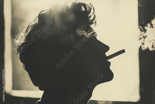 Retro noir-style silhouette of a man smoking in sepia tones