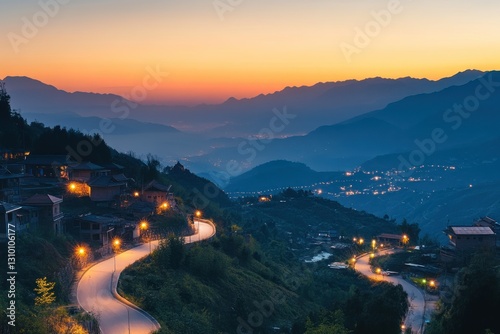 Serene Mountain Road with Twilight Glow and Illuminated Village Lights
