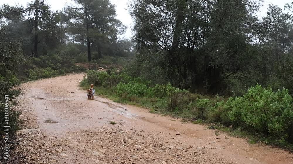 Viejo perro caminando en el bosque despues de la llúvia, Alcoy, España