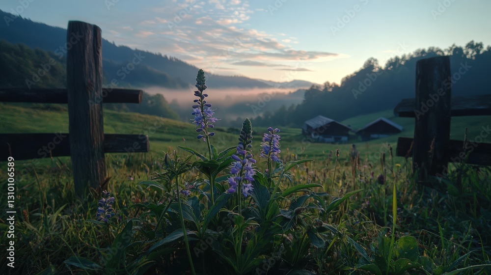 Sunrise over misty mountain valley with wildflowers and wooden fence. Sunrise over misty mountain valley with wildflowers and wooden fence.