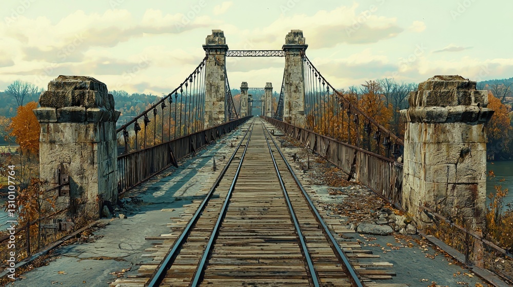 Obraz premium Abandoned railway bridge over river, autumnal landscape