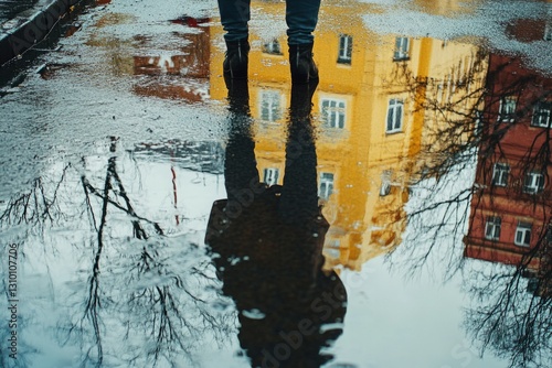 Low section of person wearing boots standing by puddle reflecting buildings and trees after rain
