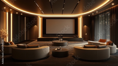 Luxurious home theater with curved seating  ambient lighting  and large projection screen.