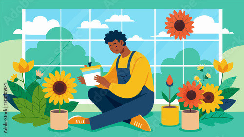 In a quiet corner of the greenhouse a painter sits amidst a riot of colorful blooms using a brush dipped in water to expertly blend pigments and bring. Vector illustration