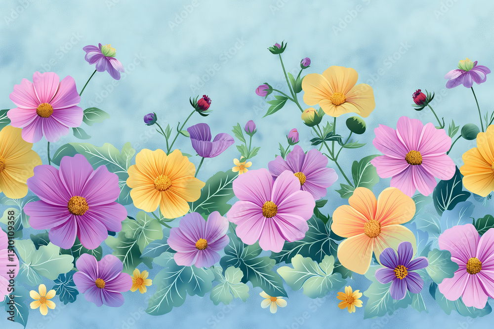 Fototapeta premium A horizontal floral background featuring a vector-style illustration of blooming summer and spring flowers