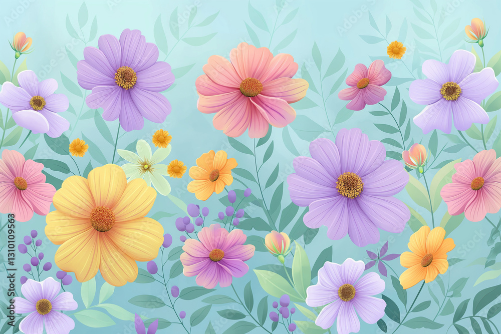 A horizontal floral background featuring a vector-style illustration of blooming summer and spring flowers A horizontal floral background featuring a vector-style illustration of blooming summer and spring flowers