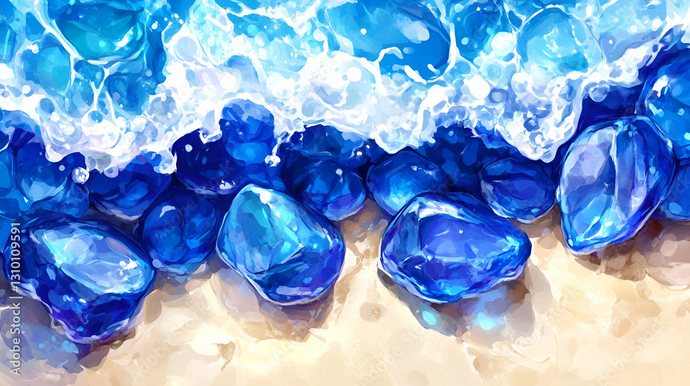 Fototapeta premium Beautiful Blue Gems on Sandy Beach with Gentle Waves Crashing, Ideal for Serene and Peaceful Backgrounds