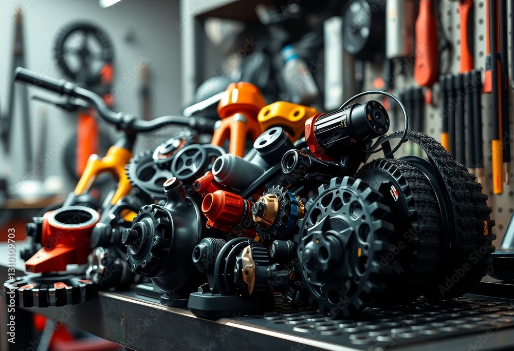 Fototapeta premium Collection of Various Mechanical Parts and Tools on a Workbench