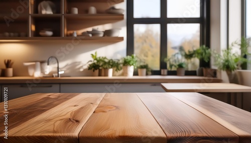 Rustic Elegance A Spacious Indoor Setting Showcasing a Solid Wood Table  Warm Lighting  and a Cozy Atmosphere  Perfect for Digital Art  Home Decor  or Design Inspiration.