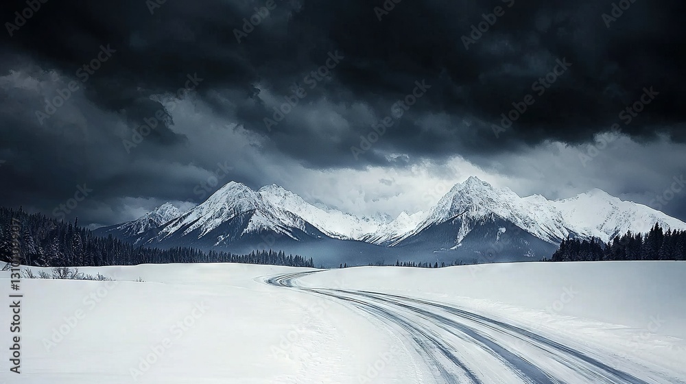 Obraz premium A snow-covered field with a road leading into the distance The scene is dominated by towering, snow-capped mountains looming behind the field, with a cloudy sky above