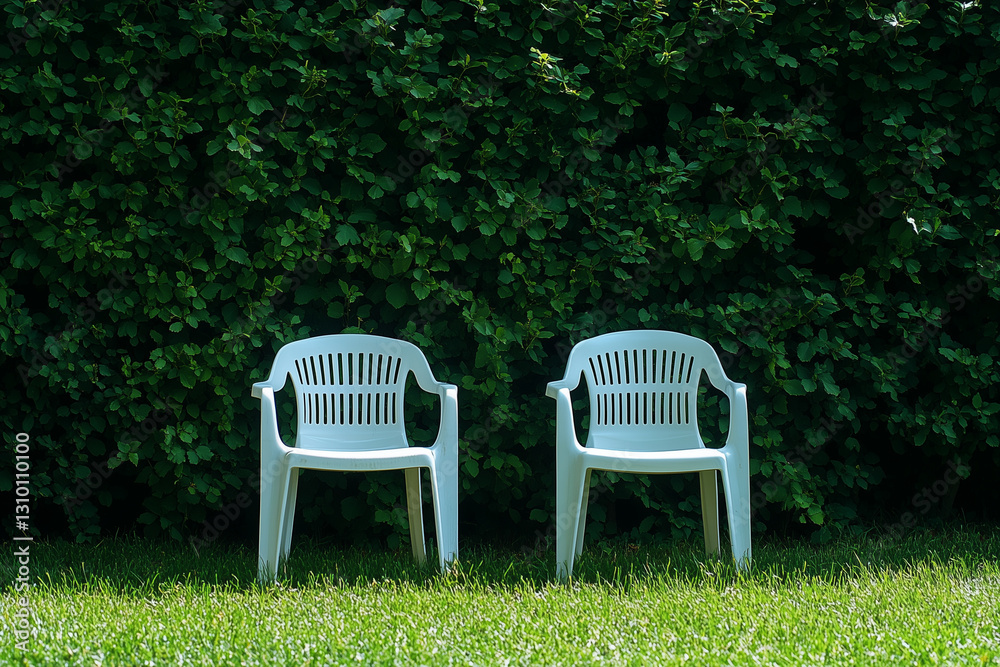 Two white plastic chairs placed on green grass in front of a lush hedge on a sunny day Generative AI Two white plastic chairs placed on green grass in front of a lush hedge on a sunny day Generative AI