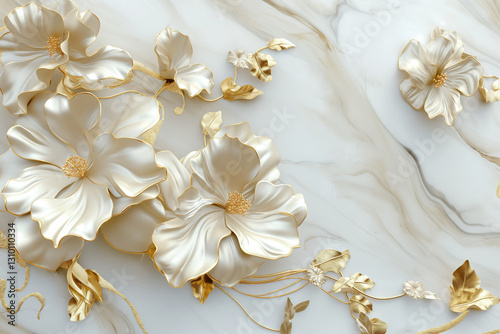 A luxurious 3D wallpaper design featuring intricate gold and white flowers delicately sculpted onto a smooth