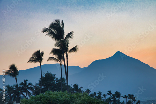 Palm trees seen with the Wailuku mountains in the background.