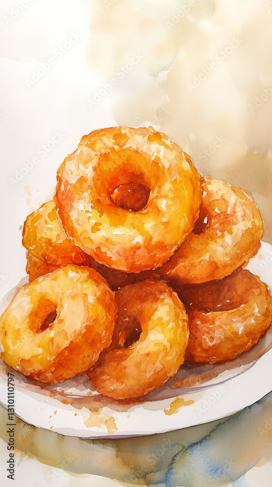 Watercolor painting of picarones, with warm golden tones and amber hues, capturing the rich, sweet texture of this traditional Peruvian dessert, with soft, inviting splashes of color