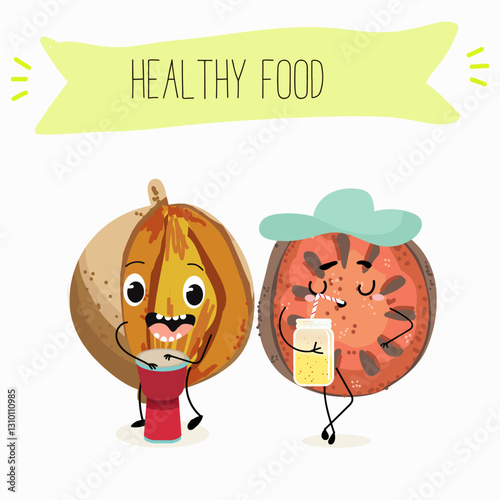Bael fruit cute funny cheerful characters with different poses and emotions, wood apple whole and sliced. Vector hand drawn illistration. photo