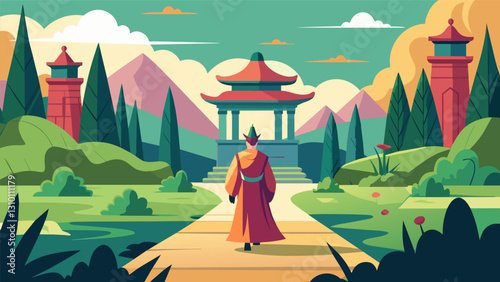 With a brisk walk in the palace gardens the emperor connects with nature finding solace and peace in the beauty and simplicity of the natural world.. Vector illustration