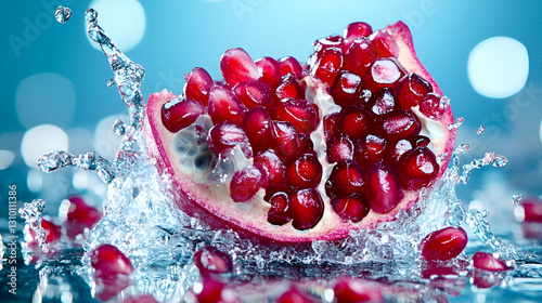 Fresh Pomegranate Splash with Water Droplets on Reflective Surface and Blurred Background