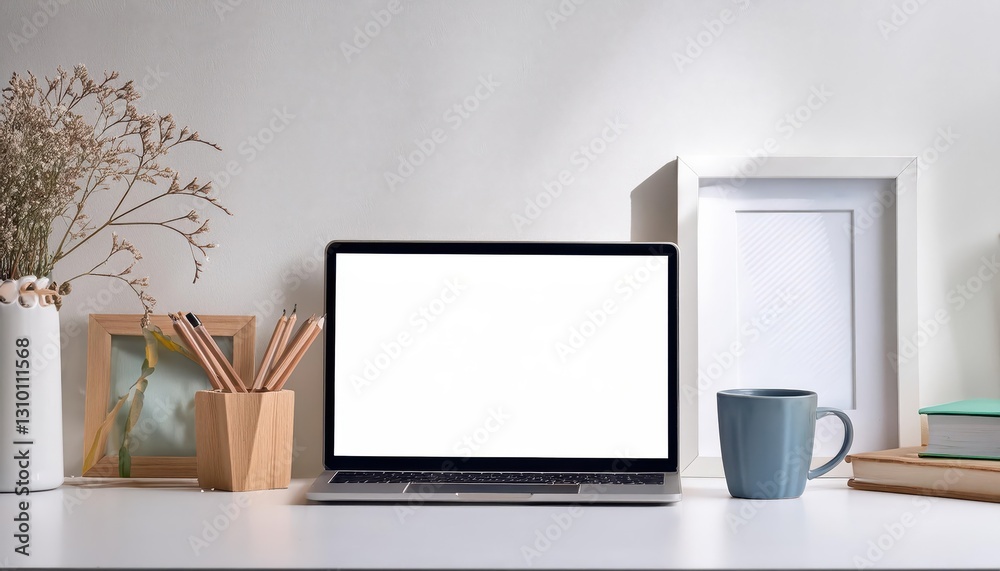 Minimalistic White Workspace With Modern Technology, Artistic Tools, Cozy Amenities, Conveying a Productive Yet Relaxing Environment Minimalistic White Workspace With Modern Technology, Artistic Tools, Cozy Amenities, Conveying a Productive Yet Relaxing Environment