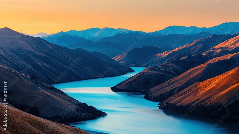 Obraz premium A lake bordered by peaks during golden hour