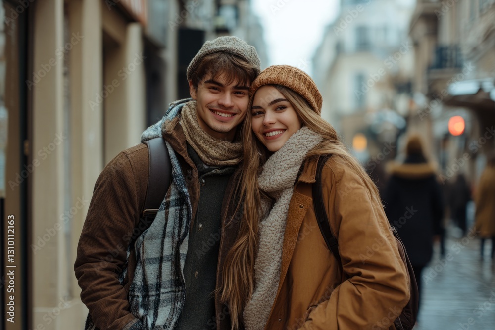 Obraz premium Young tourists wearing winter clothes and smiling while visiting a city during wintertime