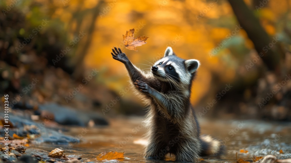 Obraz premium A curious raccoon reaches for a falling leaf in a serene autumn setting. The warm colors create a peaceful atmosphere. Nature captivates our senses and inspires us. Generative AI