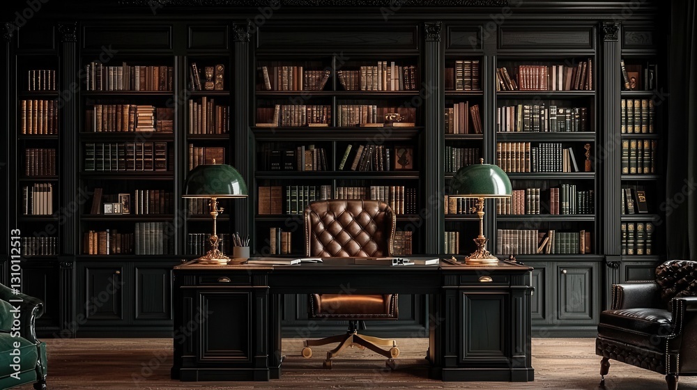 Cozy atmosphere created by leather desk and bookshelves. Cozy atmosphere created by leather desk and bookshelves.