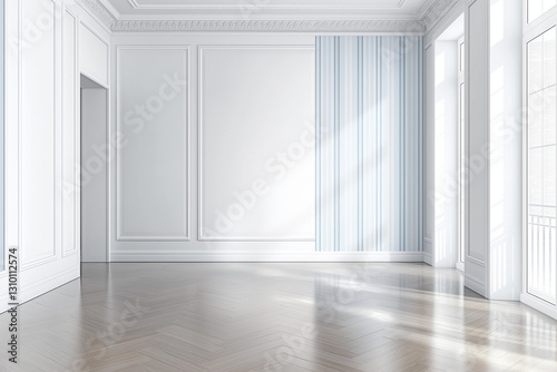 A minimalist empty room with pristine white walls and a polished parquet floor