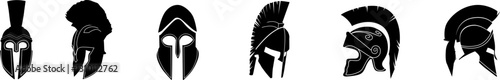 Vector set of Spartan helmets silhouettes isolated on a white background. Roman and Greek warrior helmet designs.



