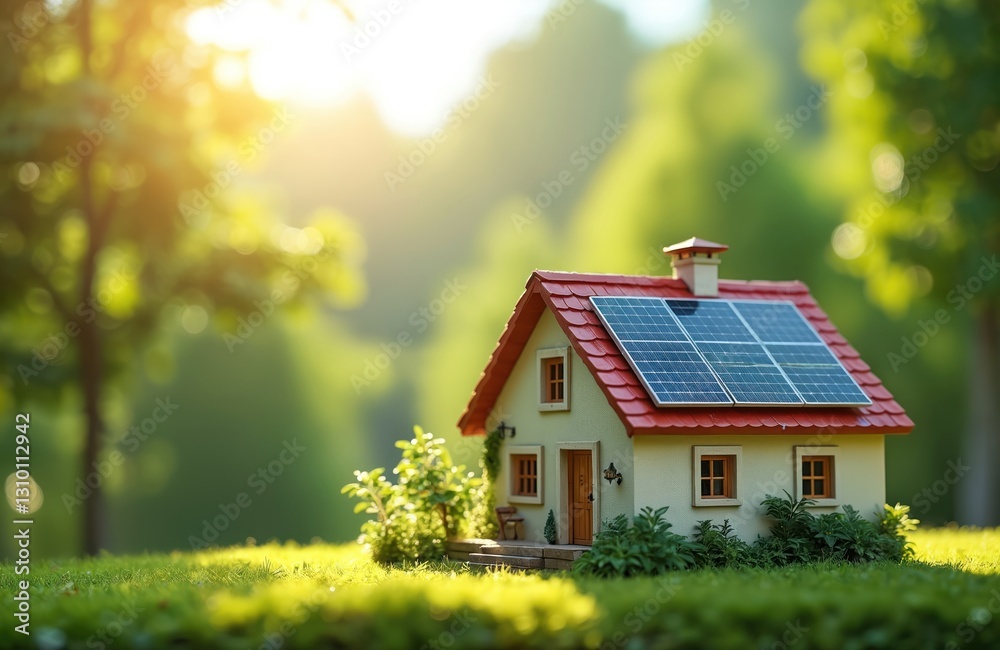 Small country house model with solar panels on roof. Alternative electricity source, green energy for home. Concept of sustainable resources. Renewable energy reduce environmental pollution.