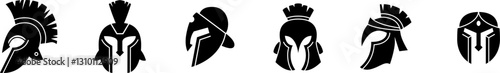 Vector set of Spartan helmets silhouettes isolated on a white background. Roman and Greek warrior helmet designs.



