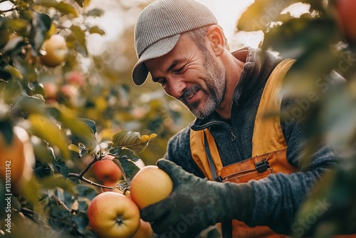 Man picking apples in garden. Farmer collecting apples from trees.