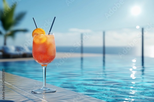 Orange refreshing cocktail with straw near swimming pool. Sunset background and sun beds. Beverage with ice and lime.