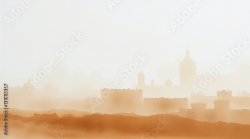 Misty landscapes background with silhouettes of a historic castle in soft beige tones