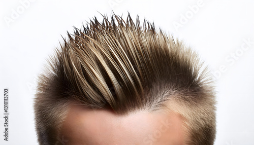 Spiky man Modern haircut features in close up on white background, barber shop for handsome man